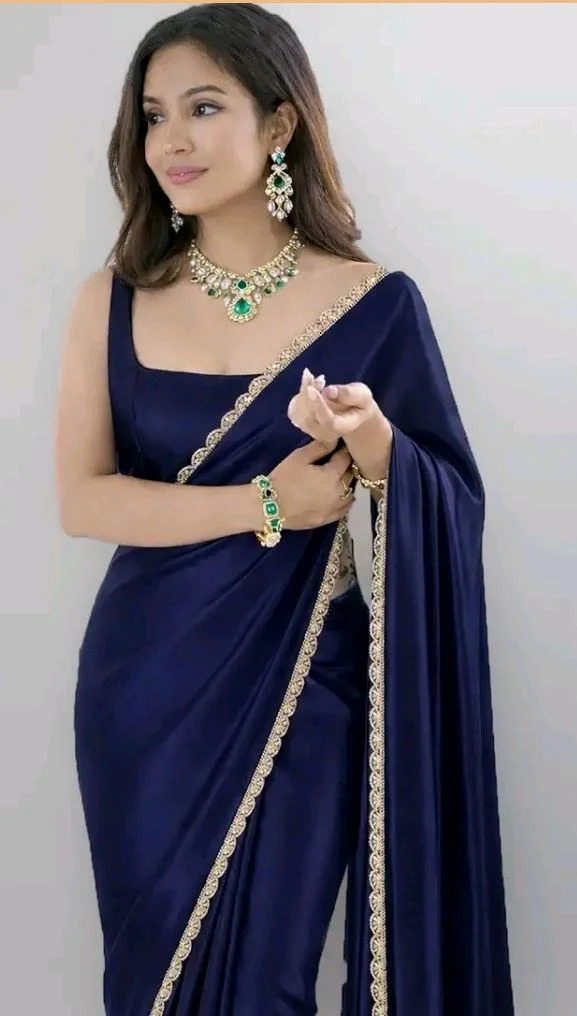 SATAZ Ready To Wear Saree For Women Pre Pleated Satin Silk Readymade With Unstitched Blouse (Navy Blue)