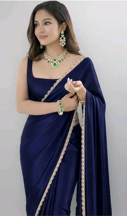 SATAZ Ready To Wear Saree For Women Pre Pleated Satin Silk Readymade With Unstitched Blouse (Navy Blue)