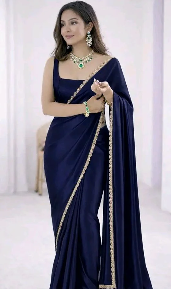 SATAZ Ready To Wear Saree For Women Pre Pleated Satin Silk Readymade With Unstitched Blouse (Navy Blue)