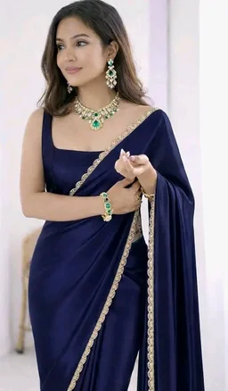 SATAZ Ready To Wear Saree For Women Pre Pleated Satin Silk Readymade With Unstitched Blouse (Navy Blue)