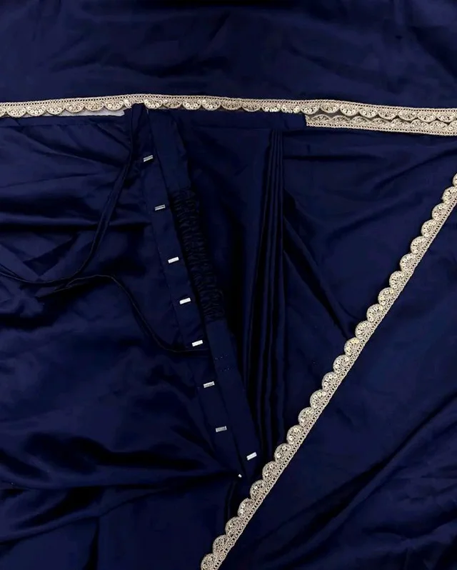 SATAZ Ready To Wear Saree For Women Pre Pleated Satin Silk Readymade With Unstitched Blouse (Navy Blue)