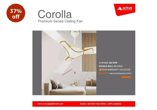 ACTIVA Corolla 1200mm Ceiling Fan, High Speed 390 RPM Air Delivery, BEE & BIS Approved, Anti Dust, Large Sweep, High Performance Ceiling Fan, 2 Years Warranty Pack of 2 (Pearl Ivory)