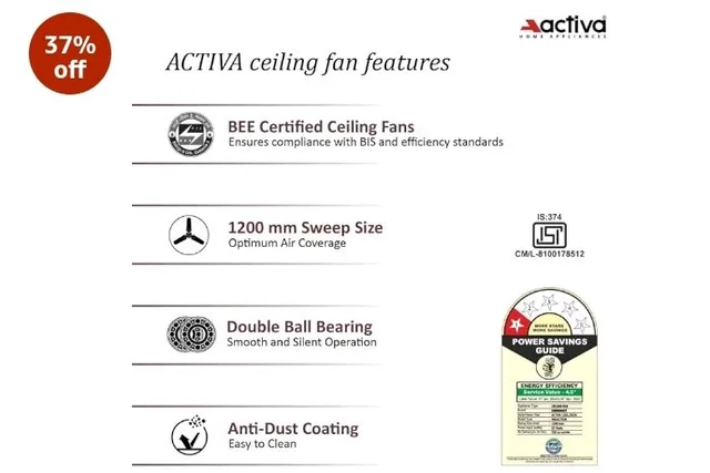 ACTIVA Corolla 1200mm Ceiling Fan, High Speed 390 RPM Air Delivery, BEE & BIS Approved, Anti Dust, Large Sweep, High Performance Ceiling Fan, 2 Years Warranty Pack of 2 (Pearl Ivory)