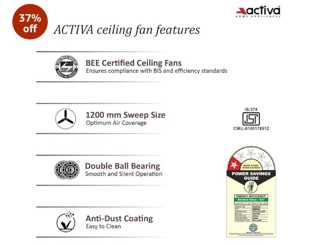 ACTIVA Corolla 1200mm Ceiling Fan, 390 RPM High Speed Air Delivery, BEE & BIS Approved, Anti Dust Coating, Less Noise, Large Sweep, 2 Years Warranty, Pack of 2 (Smoke Brown)
