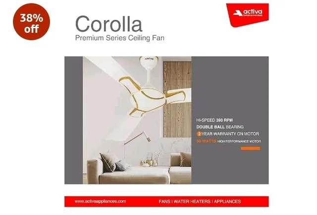 ACTIVA Corolla 1200mm Ceiling Fan Pack of 2 | 390 RPM High Speed Air Delivery | 50W Energy Efficient Motor | Ceiling Fan For Living Room, Large Sweep Pearl Ivory | Home Office Use