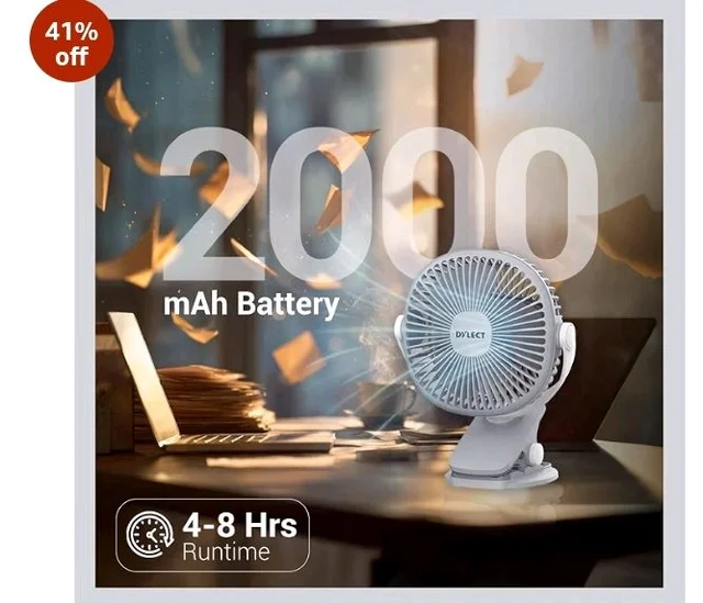 Dylect® Briza Clip Mate Rechargeable Fan | 2000mAh Battery | 8H Runtime | TruSilent BLDC Motor | 3-Speed | 360° Rotation | MICRO-B | Clip & Wall-Mount Fan | Home/Office/Travel | Steel Grey