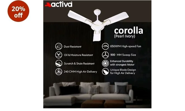 ACTIVA Corolla 900 MM Ceiling Fan High Speed Motor Air Delivery Large Sweep, BEE & BIS Approved with Anti Dust Coating come with 2 Years Warranty (Pearl Ivory)