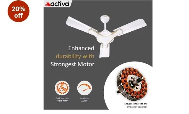 ACTIVA Corolla 900 MM Ceiling Fan High Speed Motor Air Delivery Large Sweep, BEE & BIS Approved with Anti Dust Coating come with 2 Years Warranty (Pearl Ivory)