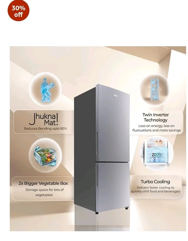 Haier 237 L 2 Star Frost Free Twin Inverter Double Door Bottom Mount Refrigerator with Extra Spacious 2X Veg Box (HEB-242EGSA-P, Moon Silver, 2026 Model)