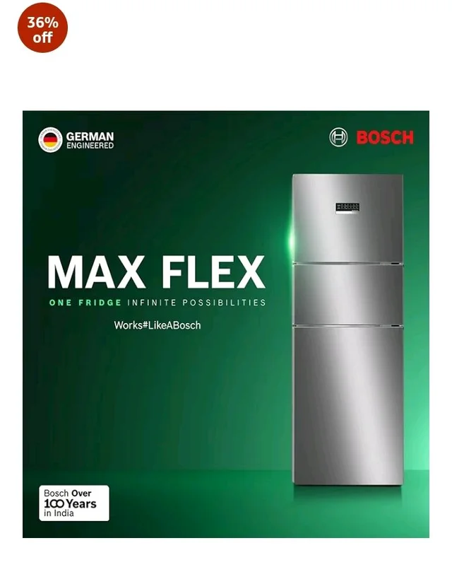 Bosch 302L, 3 Star, MaxFlex Convert Frost Free Triple Door Refrigerator | 8-in-1 Convertible Storage Modes | 57L Extra Convertible Zone | Cool Extend up to 18 hours (CMC33K03NI, Smokey Steel)