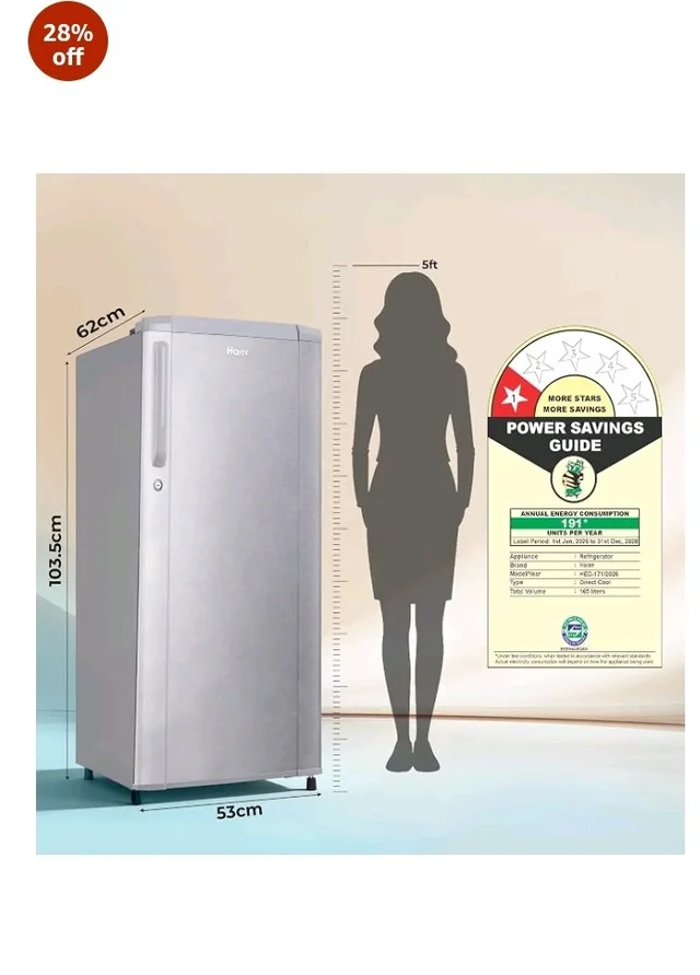 Haier 165 L 1 Star Direct Cool Single Door Refrigerator with Diamond Edge Freezing Technology, Easy Clean Back, Large Vegetable Box (HED-171MSA-P, Moon Silver, 2026 Model)