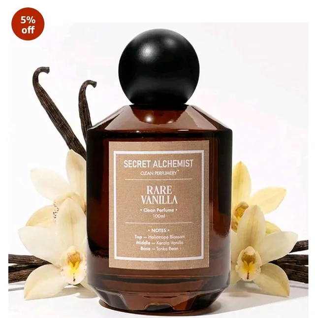 Secret Alchemist Rare Vanilla Eau de Parfum (EDP) 100ml | Clean, Long Lasting High Concentration | Perfume for Men & Women | Kerala Vanilla, Heliotrope Blossom & Tonka Bean Perfume | Luxury Gift for Men & Women, Day & Night Wear, 800 Spritz