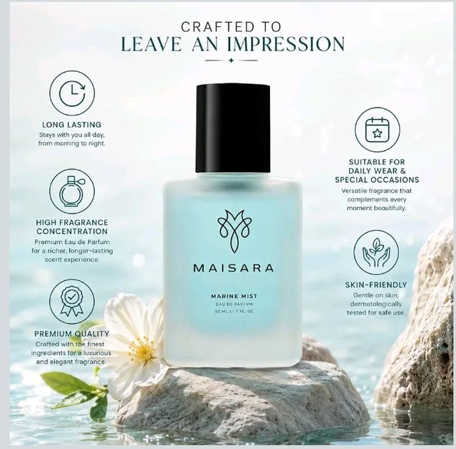 MAISARA Marine Mist Perfume for Men & Women, Long Lasting Fragrance, 50ml
Fresh aquatic aroma with crisp marine notes, suitable for daily wear, office, travel and special occasions for every season.
