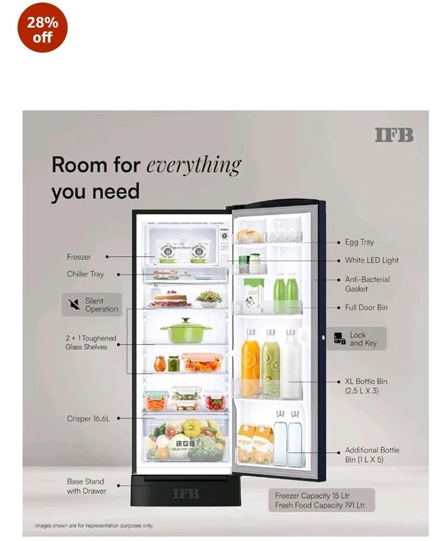 IFB 206L 5 Star Advanced Inverter Direct-Cool Single Door Refrigerator with 30 Hrs Cooling Retention, Big Vegetable Box, 4 Year Super Warranty & Base Stand (2026, IFBDC-232EYOSED, Onyx Grey)