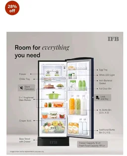 IFB 206L 5 Star Advanced Inverter Direct-Cool Single Door Refrigerator with 30 Hrs Cooling Retention, Big Vegetable Box, 4 Year Super Warranty & Base Stand (2026, IFBDC-232EYOSED, Onyx Grey)