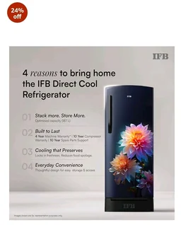 IFB 187L 5 Star Advanced Inverter Direct-Cool Single Door Refrigerator with 30 Hrs Cooling Retention, Big Vegetable Box, 4 Year Super Warranty & Base Stand (2026, IFBDC-213EYBNED, Divine Bliss Blue)