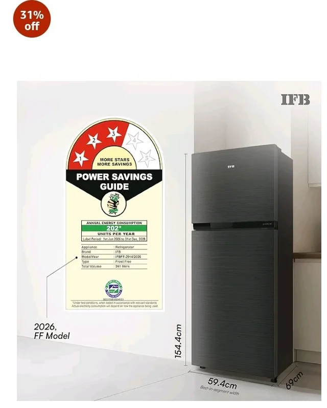 IFB Smart Choice 241L 3Star 10 in 1 Convertible,Advanced Inverter Frost-Free Double Door Refrigerator with 30 Hrs Cooling Retention,Freezer LED &4 Year Super Warranty (2026,IFBFF-291CYOSETM,Onyx Grey)