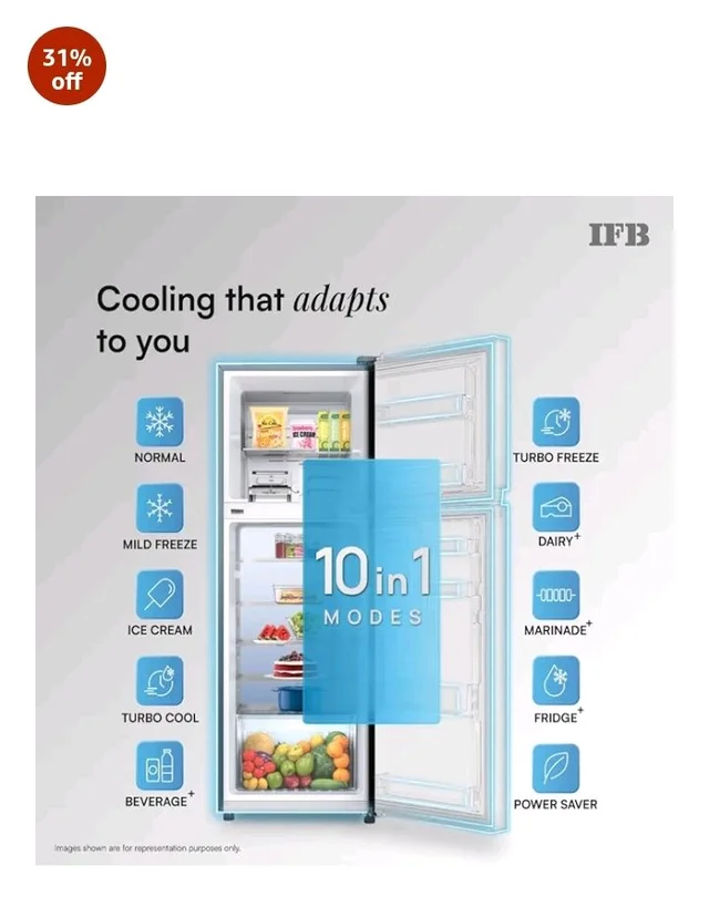 IFB Smart Choice 241L 3Star 10 in 1 Convertible,Advanced Inverter Frost-Free Double Door Refrigerator with 30 Hrs Cooling Retention,Freezer LED &4 Year Super Warranty (2026,IFBFF-291CYOSETM,Onyx Grey)