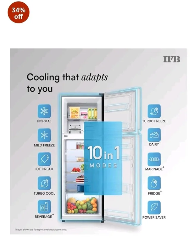 IFB 241L 2 Star 10-in-1 Convertible, Advanced Inverter Frost-Free Double Door Refrigerator with 30 Hrs Cooling Retention, Turbo Freeze & 4 Year Super Warranty (2026, IFBFF-291BYOSET, Onyx Grey)