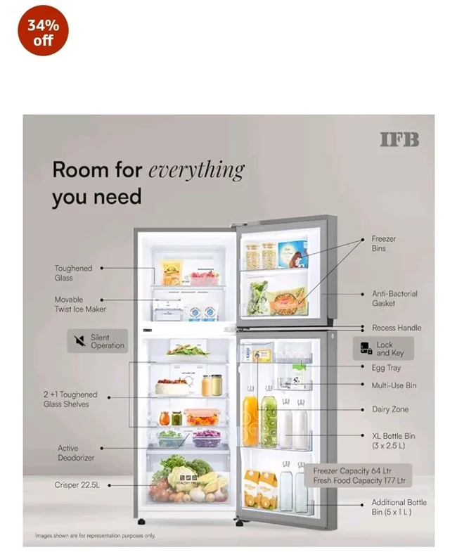 IFB 241L 2 Star 10-in-1 Convertible, Advanced Inverter Frost-Free Double Door Refrigerator with 30 Hrs Cooling Retention, Turbo Freeze & 4 Year Super Warranty (2026, IFBFF-291BYOSET, Onyx Grey)