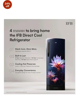 IFB 187L 4 Star Advanced Inverter Direct-Cool Single Door Refrigerator with 30 Hrs Cooling Retention, Big Vegetable Box, 4 Year Super Warranty & Base Stand (2026, IFBDC-213DYBPED,Paradise Dream Blue)
24%
off