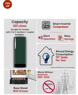 LG 201 L, 5 Star, Smart Inverter, Direct Cool Single Door Refrigerator (GLD2156ZHEG, Emerald Green, Base stand with Drawer)