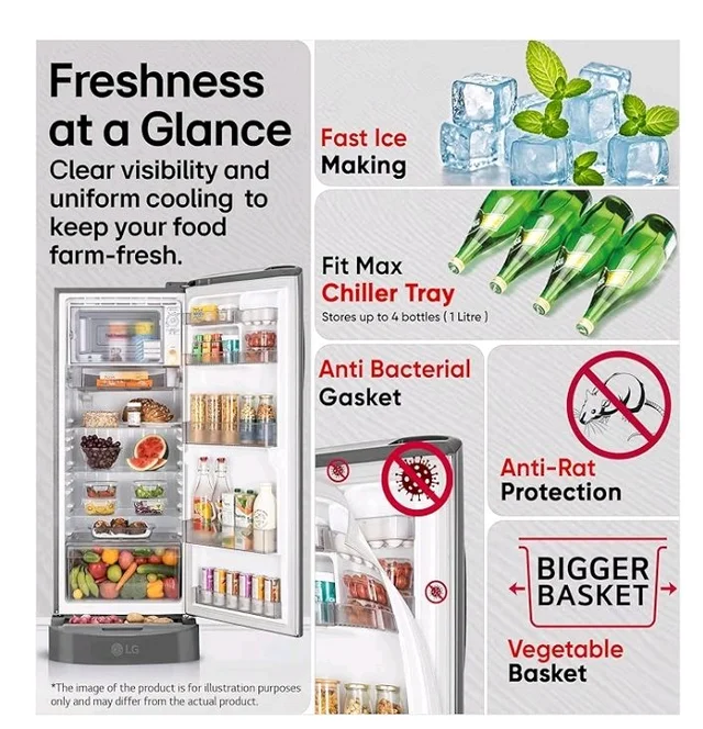 LG 224 L, 5 Star, Smart Inverter, Direct Cool Single Door Refrigerator (GLD2356ZAPZ, Shiny Steel, Base stand with Drawer)