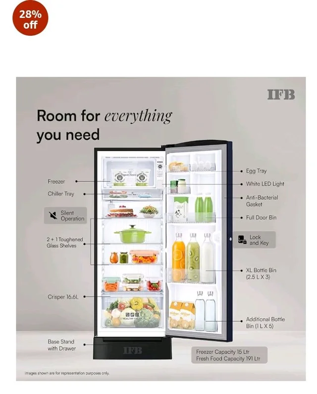 IFB 206L 5 Star Advanced Inverter Direct-Cool Single Door Refrigerator with 30 Hrs Cooling Retention, Big Vegetable Box, 4 Year Super Warranty & Base Stand (2026, IFBDC-232EYBPED, Paradise Dream Blue)