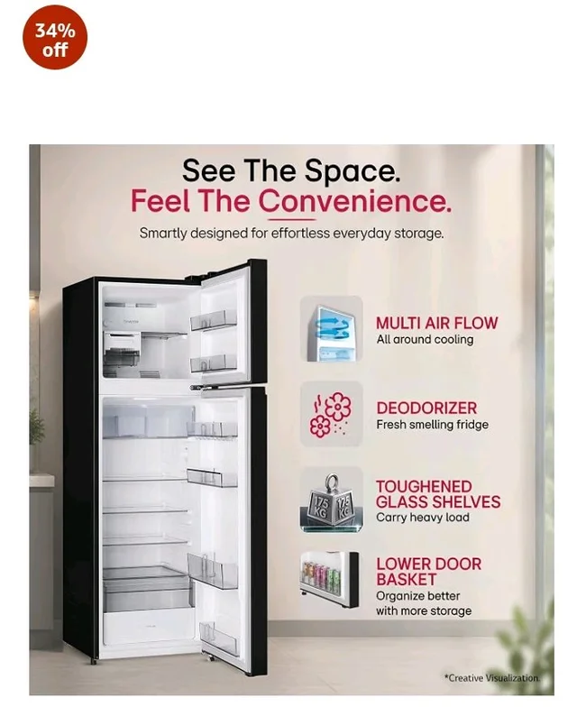 LG 276 L, 2 Star, Smart Inverter, Smart & Dairy Mode, Frost-Free Double Door Convertible Refrigerator (GLT2826XWOB, Onyx Black, Multi Air Flow & Convertible Space for More Storage, 2026 Model)