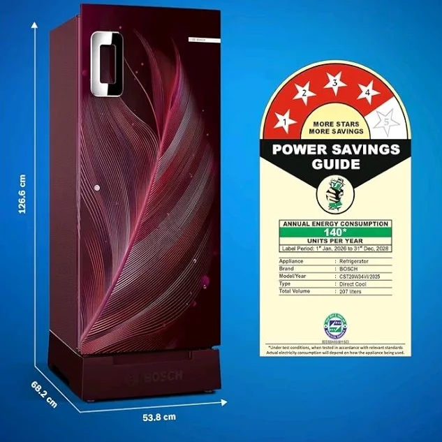 Bosch 207 L, 4 star, Direct-Cool Single Door Refrigerator | 18 Hrs Cooling Retention | 2.5X Faster Cooling | Spacious Multi Box | XL Dry Storage | SuperFreeze (2026 model, CST20W34VI, Feather Wine)