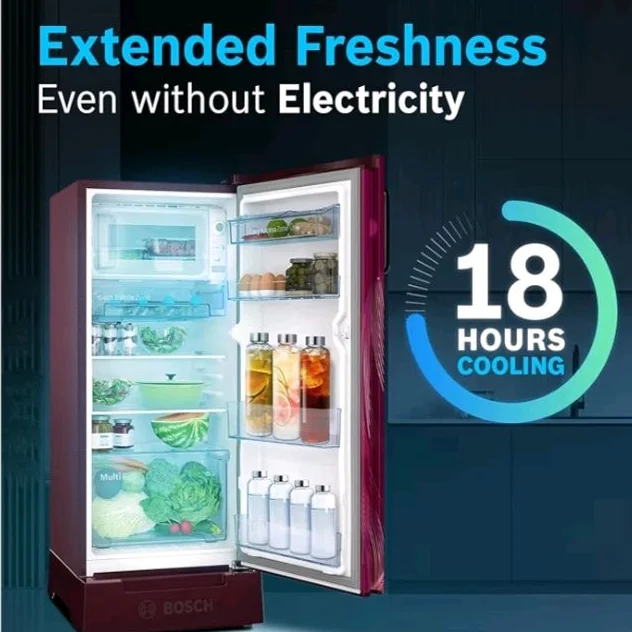 Bosch 207 L, 4 star, Direct-Cool Single Door Refrigerator | 18 Hrs Cooling Retention | 2.5X Faster Cooling | Spacious Multi Box | XL Dry Storage | SuperFreeze (2026 model, CST20W34VI, Feather Wine)