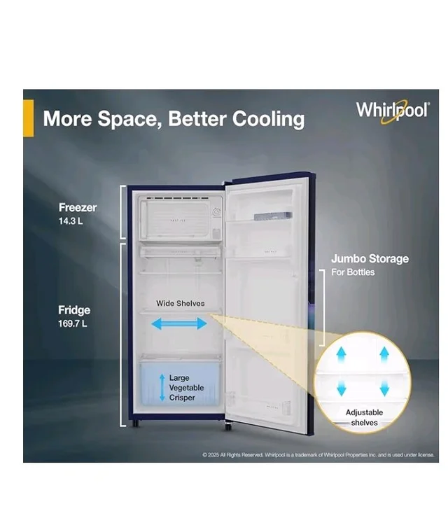 Whirlpool 184 L 2 Star Direct-Cool Single Door Refrigerator (205 WDE PRM 2S SAPPHIRE SERENA-Y, Blue, 2026 Model)