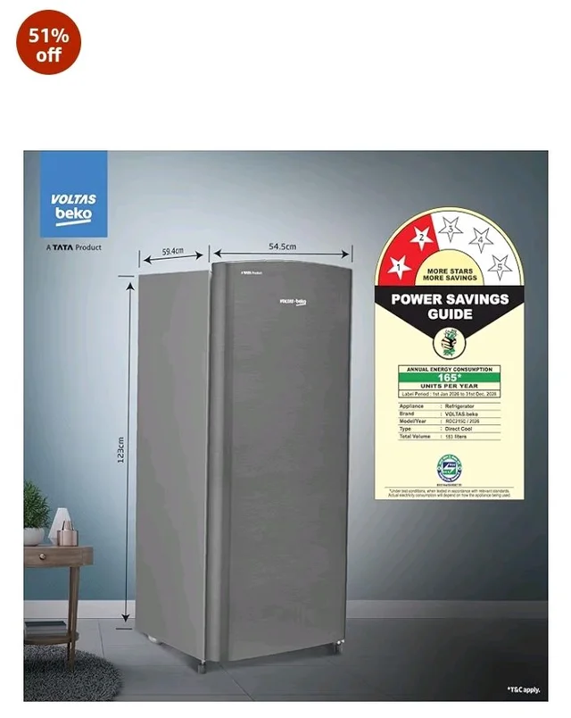 Voltas Beko, A Tata Product 183 L, 2-Star Single Door Direct Cool Refrigerator with Fresh Box Technology (RDC215C / 2S0XIR0M0000GO, Hairline Silver)