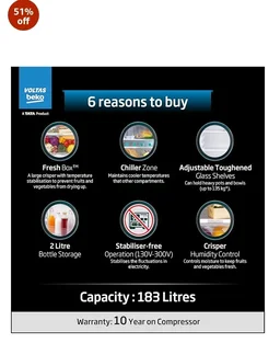 Voltas Beko, A Tata Product 183 L, 2-Star Single Door Direct Cool Refrigerator with Fresh Box Technology (RDC215C / 2S0XIR0M0000GO, Hairline Silver)