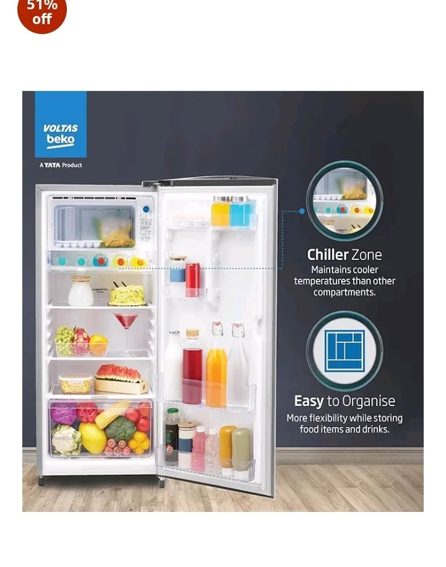 Voltas Beko, A Tata Product 183 L, 2-Star Single Door Direct Cool Refrigerator with Fresh Box Technology (RDC215C / 2S0XIR0M0000GO, Hairline Silver)