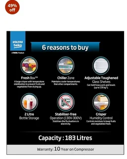 Voltas Beko, A Tata Product 183 L, 2-Star Single Door Direct Cool Refrigerator with Fresh Box Technology (RDC215C / 2S0WBR0M0000GO, Stella Blue)
