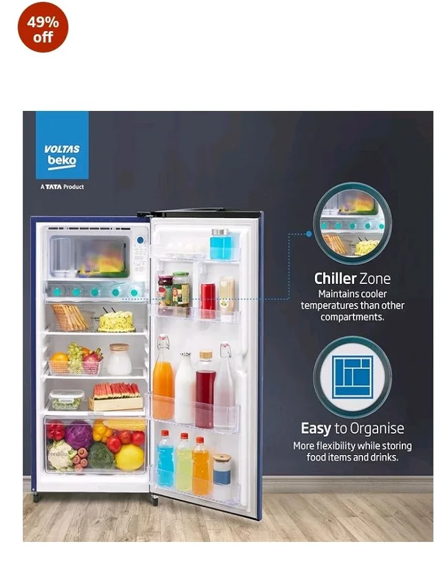 Voltas Beko, A Tata Product 183 L, 2-Star Single Door Direct Cool Refrigerator with Fresh Box Technology (RDC215C / 2S0WBR0M0000GO, Stella Blue)