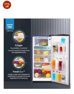 Voltas Beko, A Tata Product 183 L, 2-Star Single Door Direct Cool Refrigerator with Fresh Box Technology (RDC215C / 2S0XER0M0000GO, Hairline Blue)