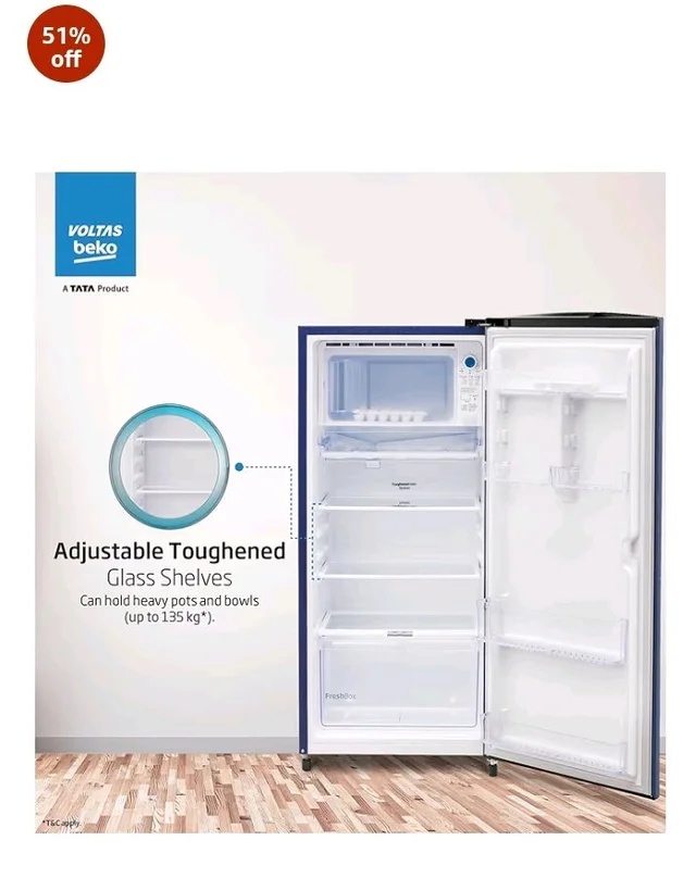 Voltas Beko, A Tata Product 183 L, 2-Star Single Door Direct Cool Refrigerator with Fresh Box Technology (RDC215C / 2S0XER0M0000GO, Hairline Blue)