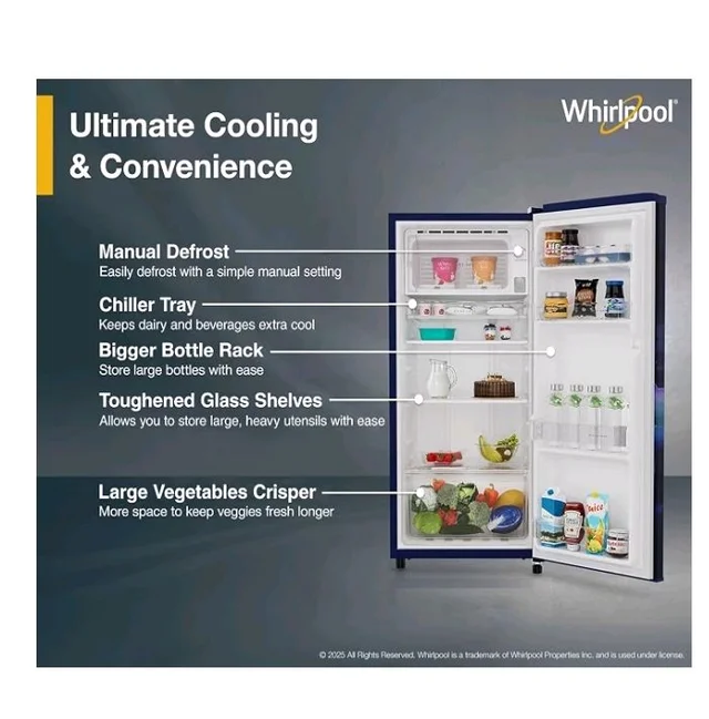 Whirlpool 184 L 2 Star Direct-Cool Single Door Refrigerator (205 WDE PRM 2S SAPPHIRE SERENA-Y, Blue, 2026 Model)
