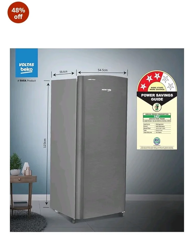 Voltas Beko, A Tata Product 183 L, 3-Star Single Door Direct Cool Refrigerator with Fresh Box Technology (RDC215B / 3S0XIR0M0000GO, Hairline Silver)