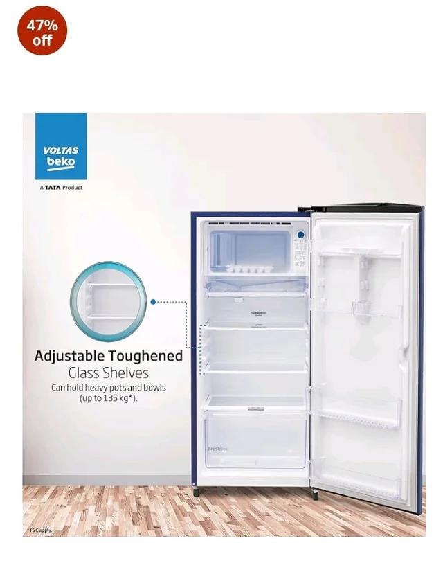 Voltas Beko, A Tata Product 183 L, 3-Star Single Door Direct Cool Refrigerator with Fresh Box Technology (RDC215B / 3S0BFR0M0000GO, Fressia Blue)
47%
off