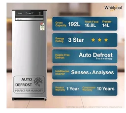 Whirlpool 192 L 3 Star Vitamagic PRO Frost Free Direct-Cool Single Door Refrigerator (215 VMPRO PRM 3S RADIANT STEEL-Y, Silver, Auto Defrost Technology, 2026 Model)