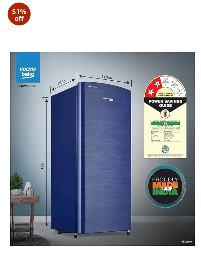 Voltas Beko, A Tata Product 183 L, 2-Star Single Door Direct Cool Refrigerator with Fresh Box Technology (RDC215C / 2S0XER0M0000GO, Hairline Blue)