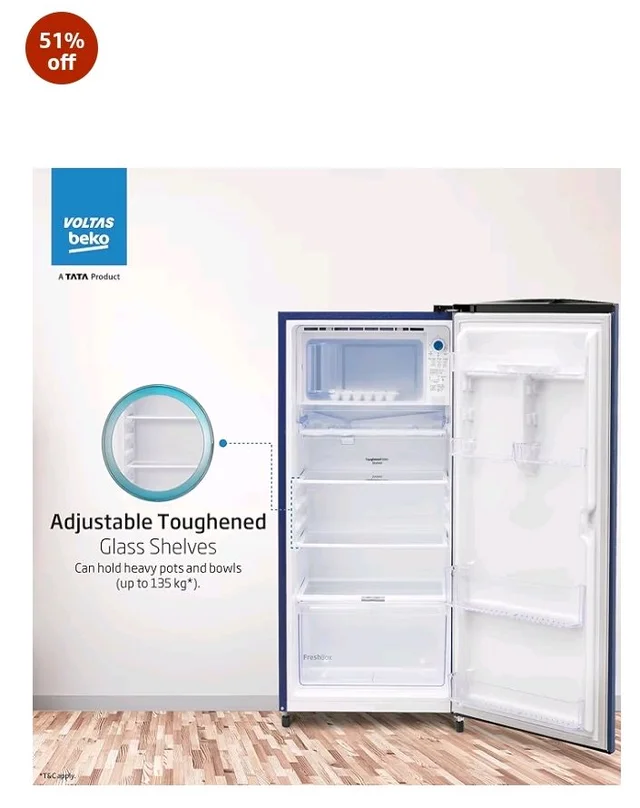 Voltas Beko, A Tata Product 183 L, 2-Star Single Door Direct Cool Refrigerator with Fresh Box Technology (RDC215C / 2S0XER0M0000GO, Hairline Blue)