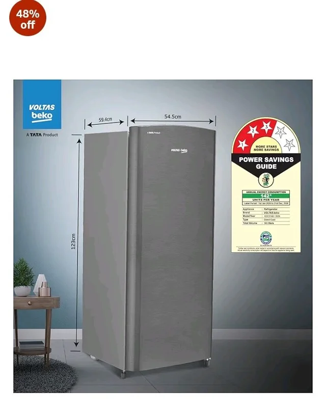 Voltas Beko, A Tata Product 183 L, 3-Star Single Door Direct Cool Refrigerator with Fresh Box Technology (RDC215B / 3S0XIR0M0000GO, Hairline Silver)
48%
off
