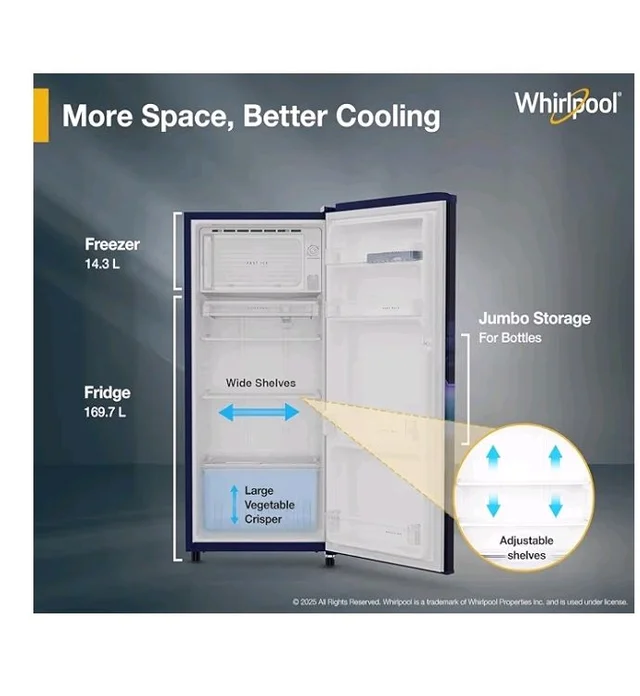 Whirlpool 184 L 2 Star Direct-Cool Single Door Refrigerator (205 WDE PRM 2S SAPPHIRE SERENA-Y, Blue, 2026 Model)