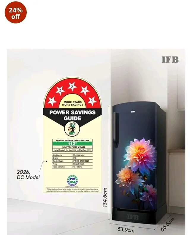 IFB 187L 5 Star Advanced Inverter Direct-Cool Single Door Refrigerator with 30 Hrs Cooling Retention, Big Vegetable Box, 4 Year Super Warranty & Base Stand (2026, IFBDC-213EYBNED, Divine Bliss Blue)