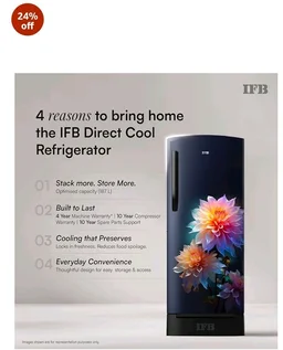 IFB 187L 5 Star Advanced Inverter Direct-Cool Single Door Refrigerator with 30 Hrs Cooling Retention, Big Vegetable Box, 4 Year Super Warranty & Base Stand (2026, IFBDC-213EYBNED, Divine Bliss Blue)