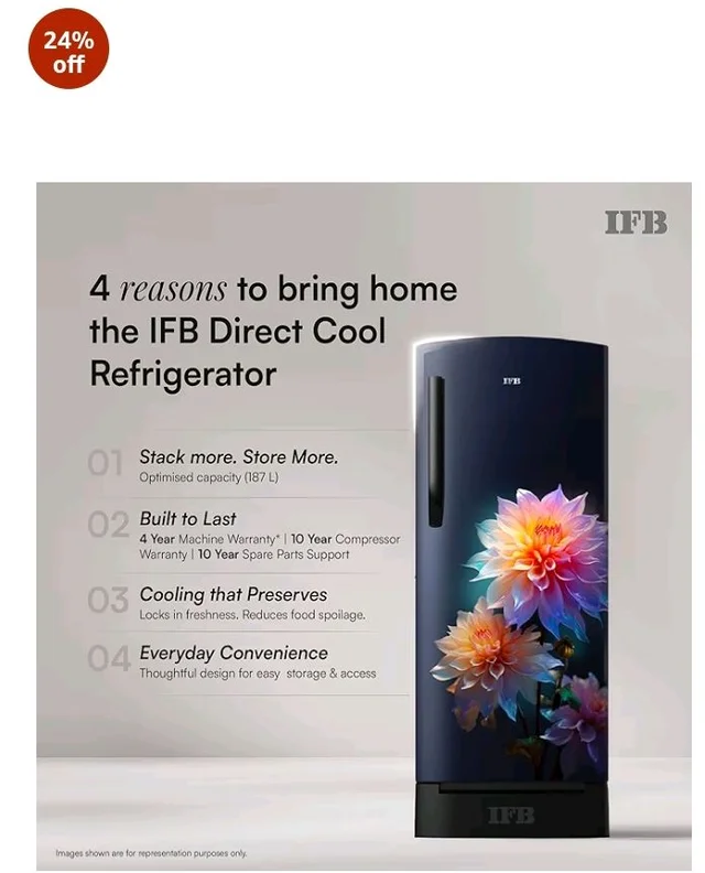 IFB 187L 5 Star Advanced Inverter Direct-Cool Single Door Refrigerator with 30 Hrs Cooling Retention, Big Vegetable Box, 4 Year Super Warranty & Base Stand (2026, IFBDC-213EYBNED, Divine Bliss Blue)
